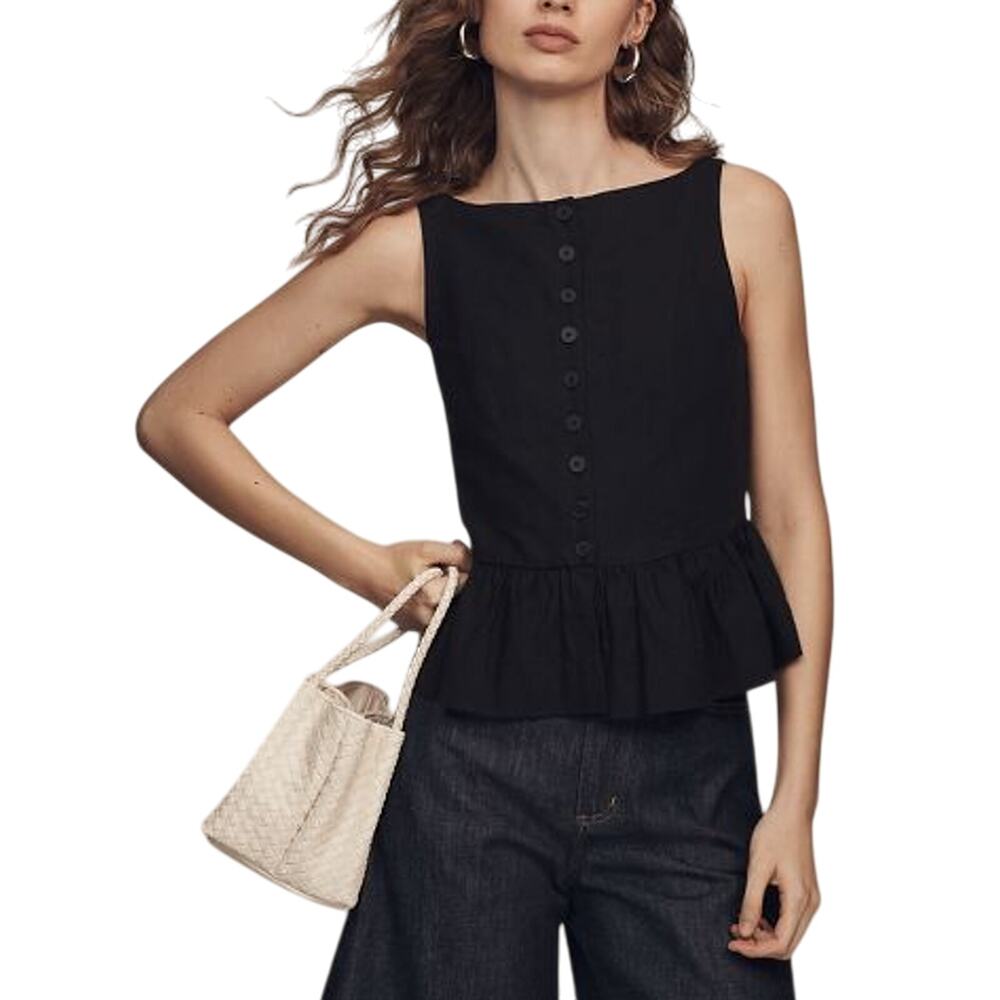 Aligne 'Penelope' Black Linen Sleeveless Peplum Blouse Size 12 NWT